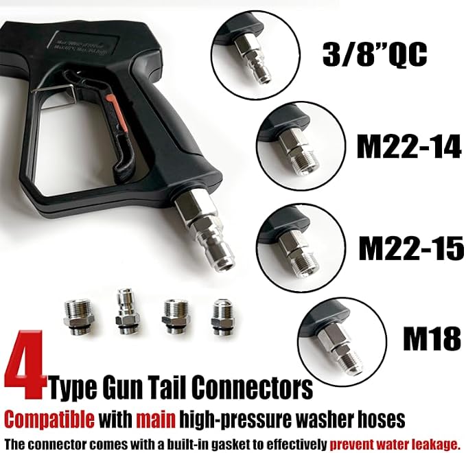Swivel Pressure Washer Gun,Sturdy 5000PSI Short Power Washer Wand Carwash Spray Foam Gun Handle with 3/8 Plug & M22-14mm & M22-15mm and 1/4 Adapter 5 nozzles