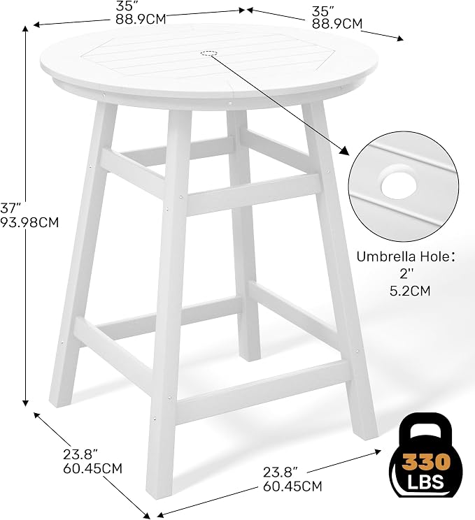 Costaelm Patio Bistro Table, 37" Counter Height Round Patio Cocktail Bar Table with Umbrella Hole, Outdoor Bistro Dining Pub Table for Front Porch Deck Backyard Garden, White