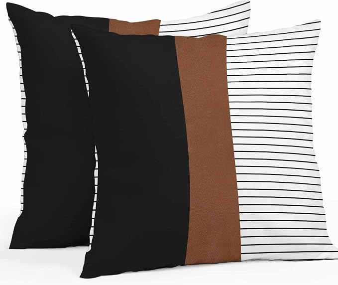 Waterproof Pillow Covers Set of 2 18x18 Inch Brown Black Lines Outdoor Cushion Covers Boho Style Decorative Pillow Cases for Patio, Sofa, Couch, Garden, Balcony