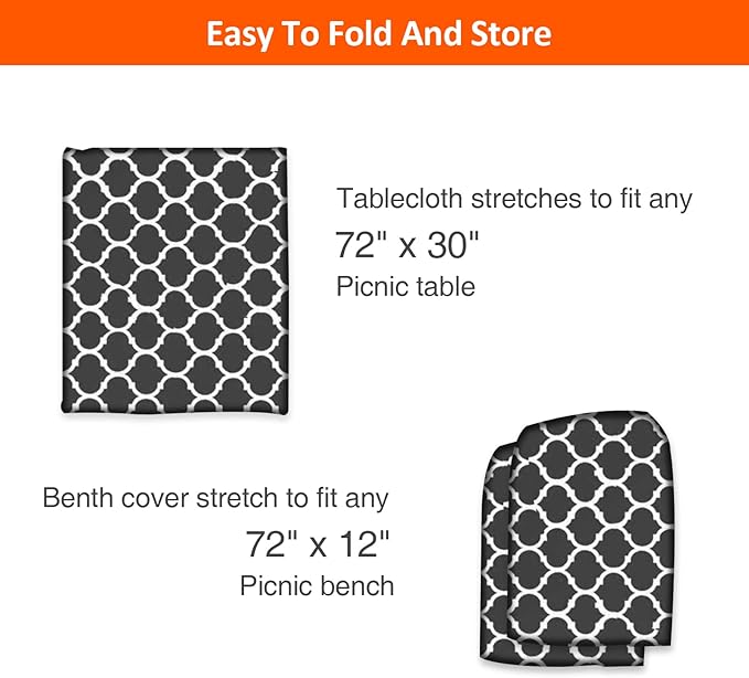 KENOBEE 6ft Picnic Table and Bench Cover, Camping Essentials RV Gear, 72 in Waterproof Windproof Outdoor Elastic All Around Tablecloth, Fitted Rectangle Tables and Seats, Black-White Moroccan