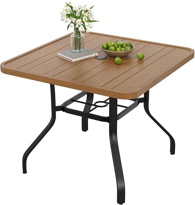 Soohow Outdoor Patio Dining Table with 1.57" Umbrella Hole, 35"x35" Wood-Like Texture, All-Weather Metal Frame for Poolside, Deck, Porch