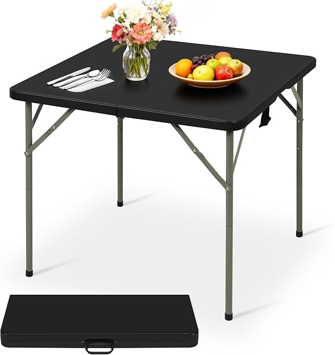34" Folding Card Table, Heavy Duty Plastic Square Table - Portable Fold-in-Half w/Handle & Lock for Camping, BBQ, Party, Events, Black