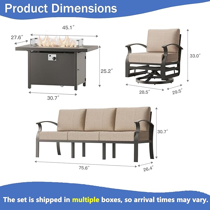 Aluminum Outdoor Patio Furniture Set,4 Pieces 5 Seats Patio Conversation Sets with 45" Propane Fire Pit Table,Metal Patio Sectional Furniture Set with 2 Swivel Rocking Chairs,Sand