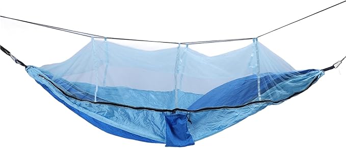Camping Hammock with Net, Portable Outdoor Hammock Travel Bed 661lb Load Bearing Lightweight Portable Hammock with Net Nylon Material Hammock for Camping (Royal Blue with Light