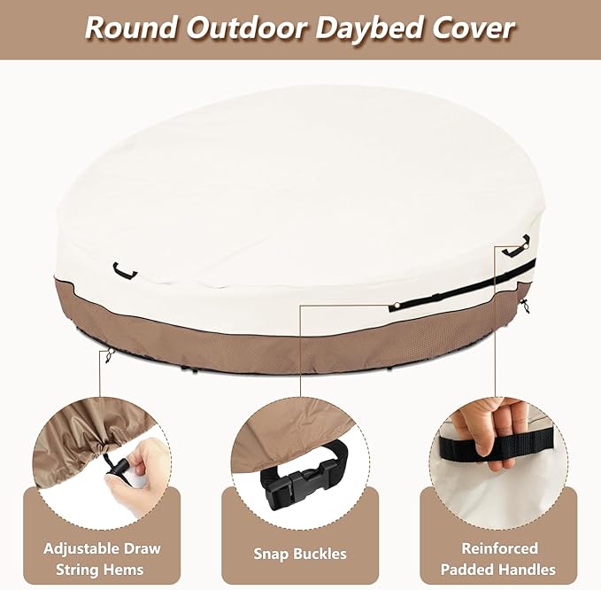 Heavy Duty 600D Waterproof Outdoor Daybed Cover for 75" Round Patio Sofa - UV-Resistant All-Weather Protection Furniture Cover with Air Vent, Fits 75" Dia x 35"/16" H (Beige)