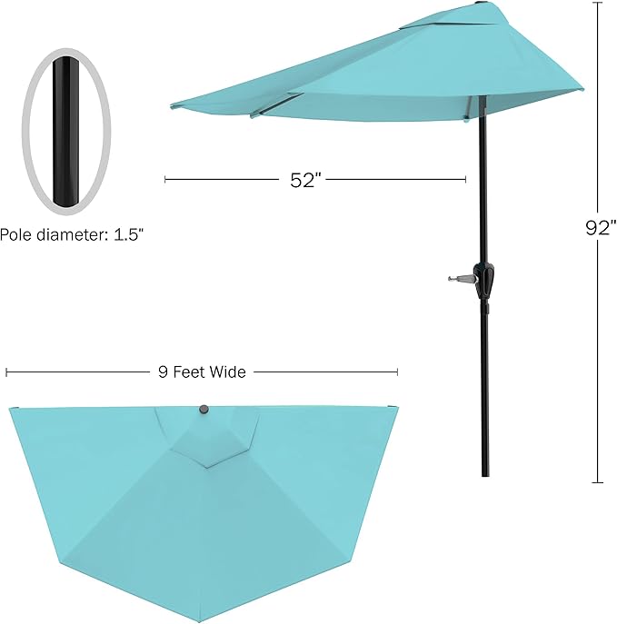 Half Umbrella Outdoor Patio Shade - 9 ft Patio Umbrella with Easy Crank - Small Canopy for Balcony, Table, or Deck by Pure Garden (Lake Blue)