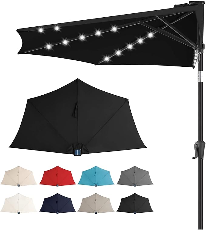 9FT Solar Half Umbrellas Outdoor - LED Half Patio Umbrella with 25 Lights, UV Protection Waterproof, Half Round Umbrella for Wall Balcony, Pool, Porch, Garden, Deck, Backyard, Black