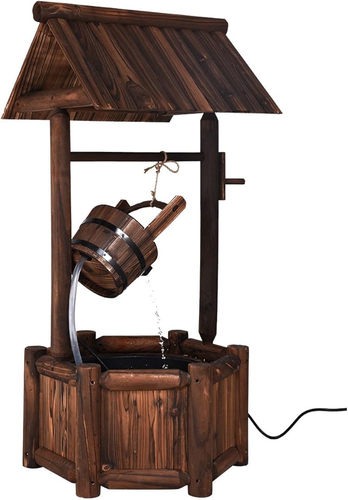 S AFSTAR Wishing Well Water Fountain, Rustic Wood Outdoor Waterfall Fountain with UL Certificated, Garden Wishing Well, Electric Pump Wishing Wells for Outdoor Yard Garden Backyard Decoration