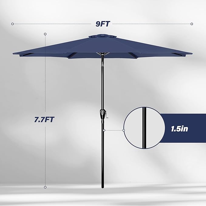 YSSOA 9' Patio Umbrella Outdoor Table Market Yard Umbrella with 8 Sturdy Ribs, Dark Blue