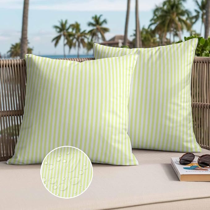 Throw Pillow Covers 20x20 Inch Set of 2, Yellow White Stripe Waterproof Outdoor Cushion Covers, Modern Minimalist Geometric Striped Decorative Pillowcases for Couch, Sofa, Bed, Garden, Patio