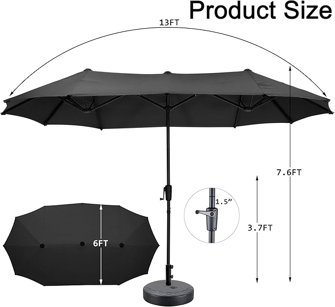 13 ft Patio Umbrella with Base, Large Rectangle Outdoor Umbrella with Matching Stand, Strap, Crank, Black