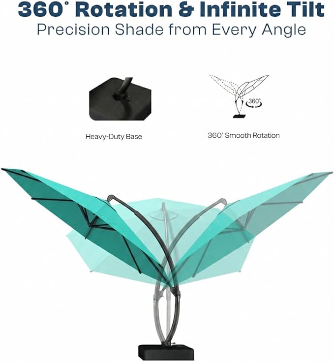 11 FT Cantilever Umbrella with Base Included, Large Round 360° Rotation Offset Umbrella Outdoor Patio, Heavy Duty Aluminum Frame, Sand-Weighted Stand, for Deck, Backyard, Pool, Garden (Tiffany Blue)