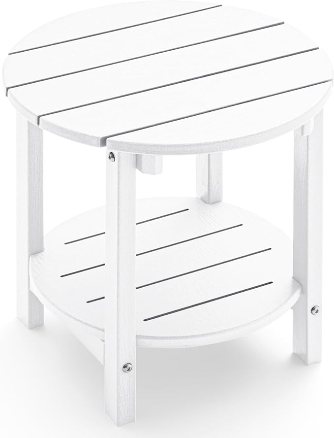 Outdoor Side Table, Adirondack Round 2-Tier Patio Table, Easy Maintenance & Weather Resistant, HDPE End Table for Backyard, Pool, Patio, Porch, White