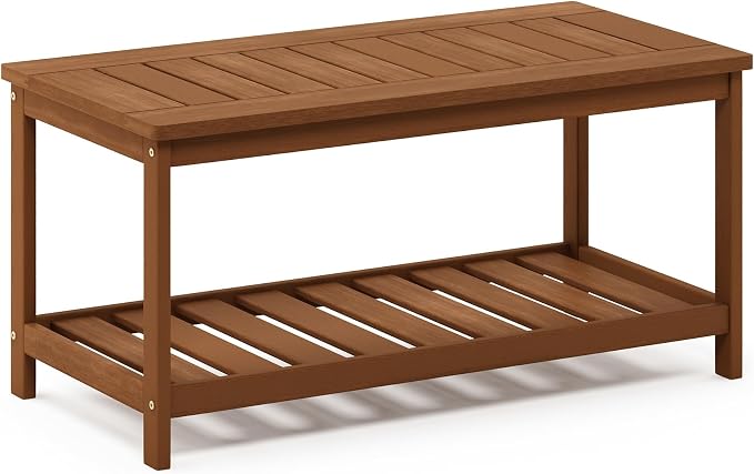 Furinno TIOMAN Patio Table, Outdoor Coffee Table with Shelf, Side Table for Patio Garden Porch, Teak Oil Finish, Light Wood