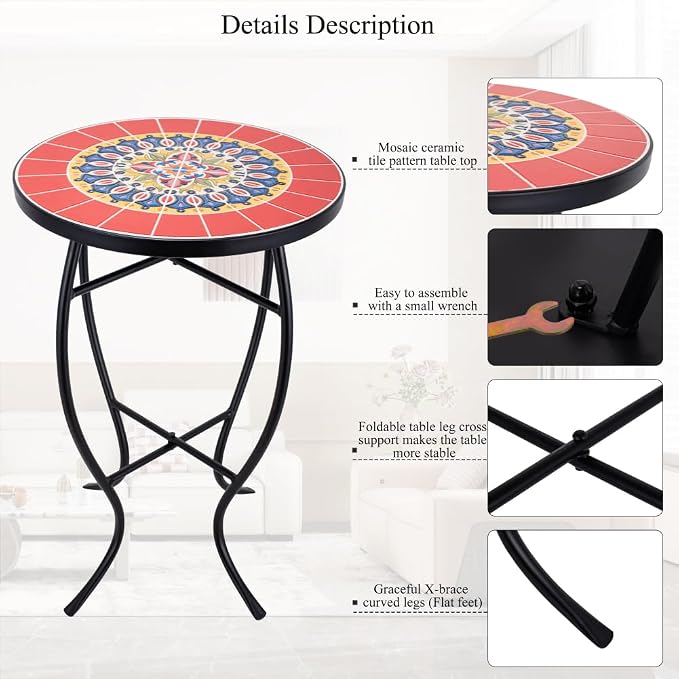 Mosaic Outdoor Side Table Small Round Patio Table Plant Stand | 21" Accent End Table with 14" Ceramic Tile Top for Small Spaces Porch Pool Garden Decor Indoor Living Room Bedroom Balcony
