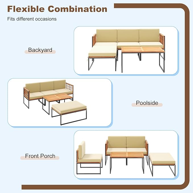 Tangkula 5 Piece Patio Furniture Set, Acacia Wood Sectional Set with Heavy-Duty Metal Frame, Comfy Seat & Back Cushions, Outdoor Wood Conversation Chair Set for Poolside, Porch, Backyard (Beige)