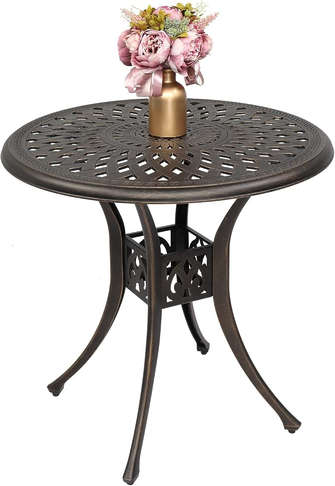 Patio Bistro Dining Table with Umbrella Hole,Cast Aluminum Backyard Bistro Round Table, Outdoor Garden Furniture Table