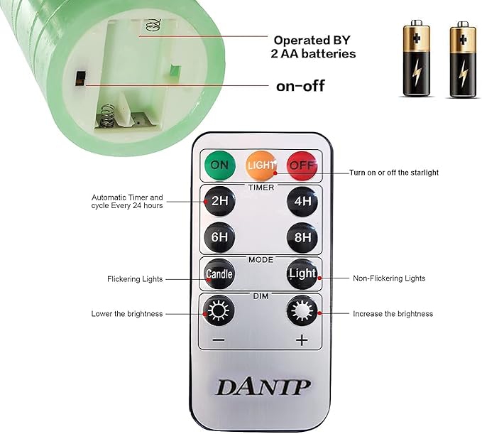 DANIP Green LED flameless Candle with Embedded Star String, 3-Piece Set of LED Candles, with 11 Button Remote Control, 24-Hour Timer Function, Dancing Flames, Real Wax, Battery Powered. (Green)