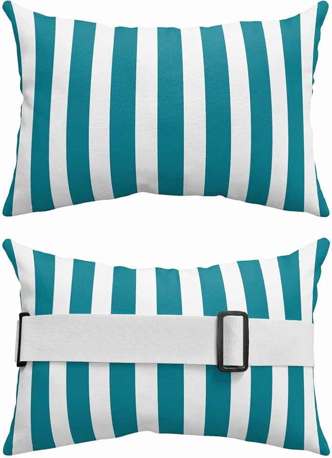 Teal Striped Outdoor Chaise Lounge Head Pillow with Insert,Simple Art Vertical Stripe Farmhouse Waterproof Headrest Lumbar Pillow Cusion Cover with Elastic Strap for Patio Beach Recliner,12"x20" 1PCS
