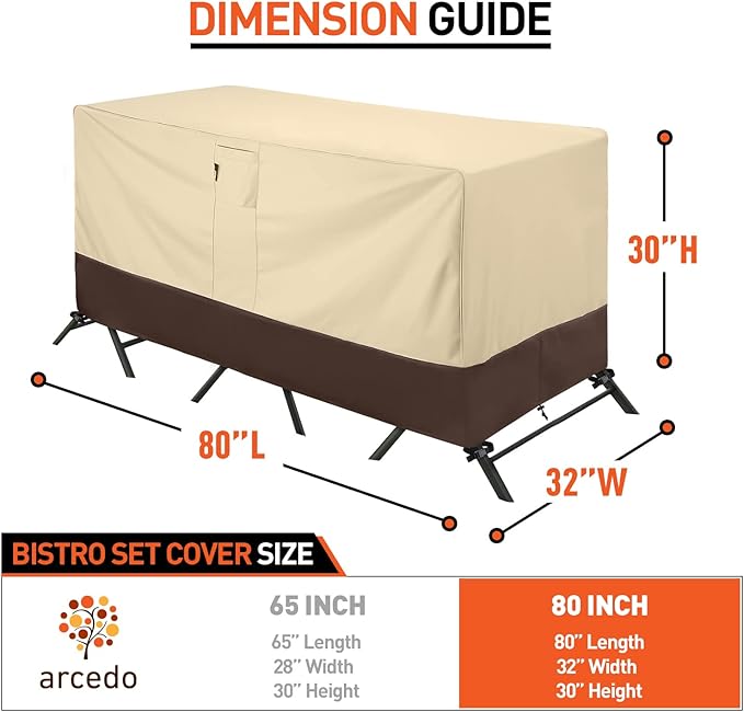 Arcedo Patio Bistro Cover, Waterproof Outdoor Furniture Cover, Heavy Duty Patio Bar Table and Chairs Covers, 80"L x 32"W x 30"H, Beige & Brown