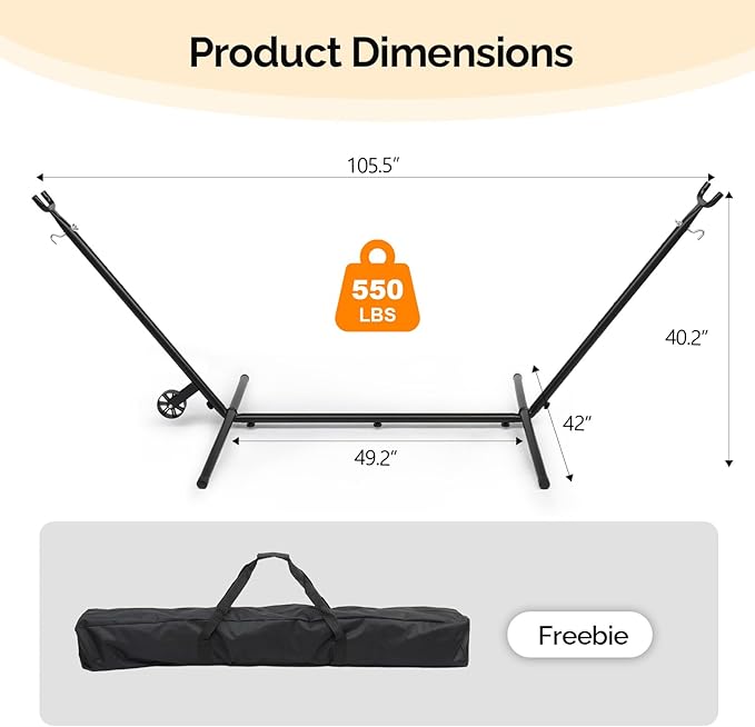 ONCLOUD 9ft Steel Hammock Stand w/Built-in Wheel, Portable Hammock Stand for Outside, Heavy-Duty Hammock Stand Only for Yard or Indoor with Carrying Case, Easy to Remove, 550 LBS (Black w/Wheel)