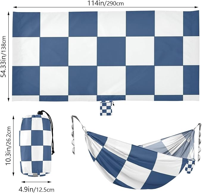 White and Blue American Plaid 330lb Capacity Camping Hammocks with Hanging Rope Backyard Hammock for Outside Patio Backyard Poolside Base para poner hamaca