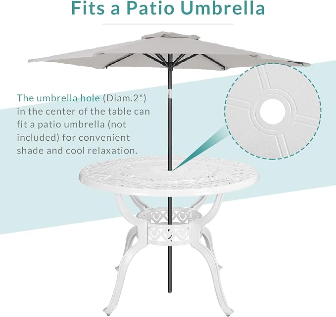 MEETWARM 38.5" Round Patio Dinning Table, Outdoor Cast Aluminum Dinning Table with 2" Umbrella Hole, White