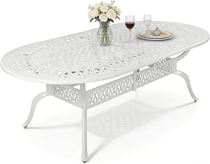MEETWARM Outdoor 84" Oval Patio Dining Table, All Weather Cast Aluminum Large Patio Furniture Table Fits for 6-8 Person with 2" Umbrella Hole, White