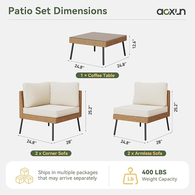Aoxun Patio Furniture Set, 5 Piece Outdoor Sectional Sofas with Thick Cushion, Wicker Outdoor Patio Furniture Set with Coffee Table for Party, Garden, Backyard, Beige