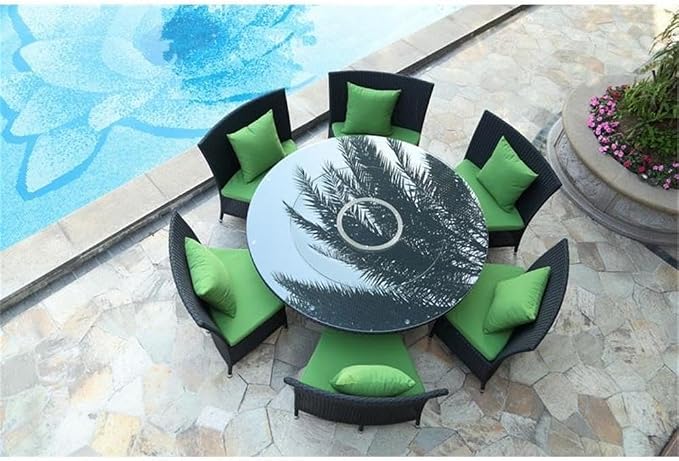 Manhattan Comfort Nightingdale 7 Piece Outdoor Dining Set with Round Glass Lazy Susan | Includes 6 Rattan Chairs, Water-Repellent Cushions and Toss Pillows, Patio Furniture, Black/Green