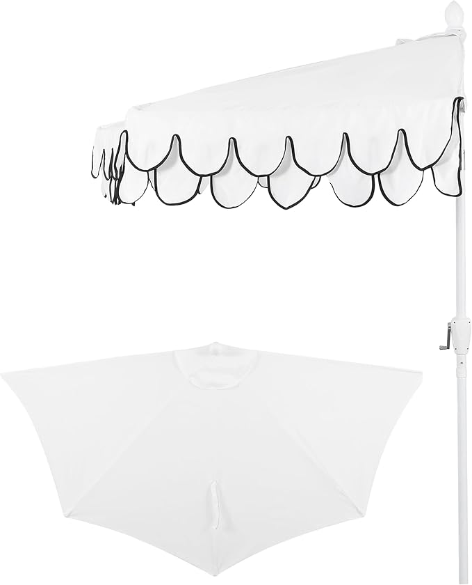 JONATHAN Y Terrace Scalloped 9 ft. Half Round Patio Umbrella with Crank Lift and Tilt, Coastal Semicircle Market Wall Umbrella for Balcony, White/Black, White Pole UMB1202D
