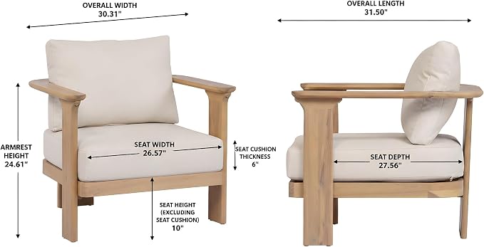 Christopher Knight Home Kera 4-Seater Patio Furniture Set with Removable Cushion, 4 Piece Outdoor Acacia Wood Conversation Set, Sold Wood Outdoor Sectional Sofa Set with Coffee Table, Brown+Beige