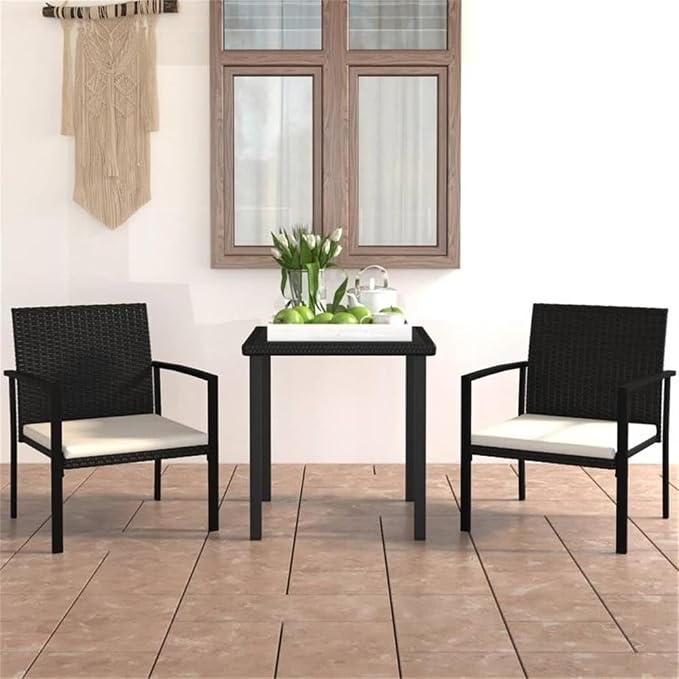 BOWERY HILL 3-Piece Outdoor Patio Dining Set, Black Poly Rattan Table and Chairs, Cream Cushions, Compact Modern Design, UV Resistant/Waterproof for Balcony, Terrace, Garden
