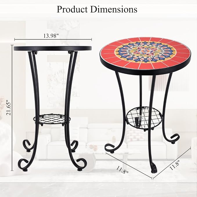 Mosaic Outdoor Side Table Small Round Patio Table Plant Stand | 21" Accent End Table with 14" Ceramic Tile Top for Small Spaces Porch Pool Garden Decor Indoor Living Room Bedroom Balcony