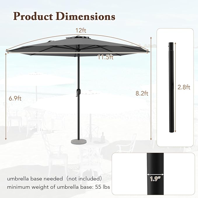 12FT Patio Umbrella, Outdoor Table Umbrella with Crank Handle, 8 Sturdy Ribs, Sun-protection & Waterproof Canopy, Top Air Vent, Market Umbrella for Garden, Lawn, Deck, Backyard, Poolside