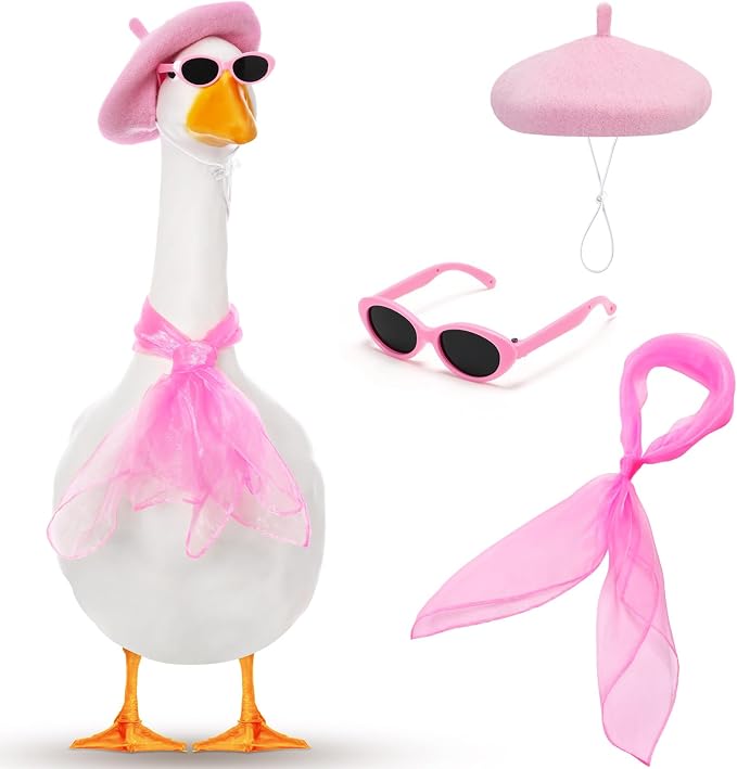 Yaomiao 3 Pcs 50s French Porch Goose Outfit Set for 23'' 17'' Cement Lawn Goose Costume Beret Hat for Carnival Statue Decor (Pink)