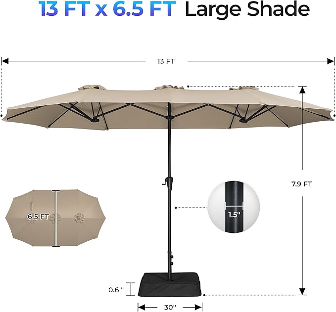 SUPERJARE 13FT Outdoor Patio Umbrella with Base Included, Double Sided Pool Umbrellas with Fade Resistant Canopy, Large Table Umbrella for Deck, Market, Backyard - Warm Beige