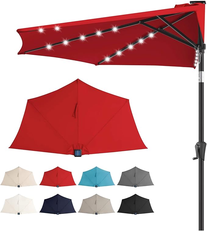 9ft Solar Half Umbrellas Outdoor - LED Half Patio Umbrella with 25 Lights, UV Protection Waterproof, Half Round Umbrella for Wall Balcony, Pool, Porch, Garden, Deck, Backyard, Red