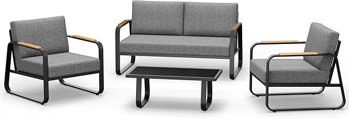 East Oak 4-Piece Patio Furniture Set, Outdoor Patio Set w/Removable & Washable Deep Seating Cushion, Outside Patio Conversation Sets for Backyard, New Upgraded Design, Black & Misty Gray