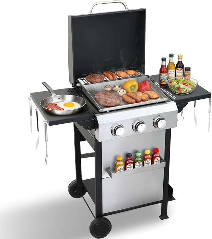 CIG GARDEN 3-Burner Propane Flat Top Grill, 31,500 BTU Stainless Steel Griddle for Outdoor BBQ - Patio, Backyard & Camping Gas Grill