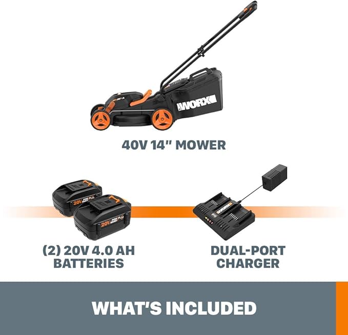 Worx WG779 40V 14" Cordless Lawn Mower + String Trimmer & Leaf Blower Cordless with Battery and Charger