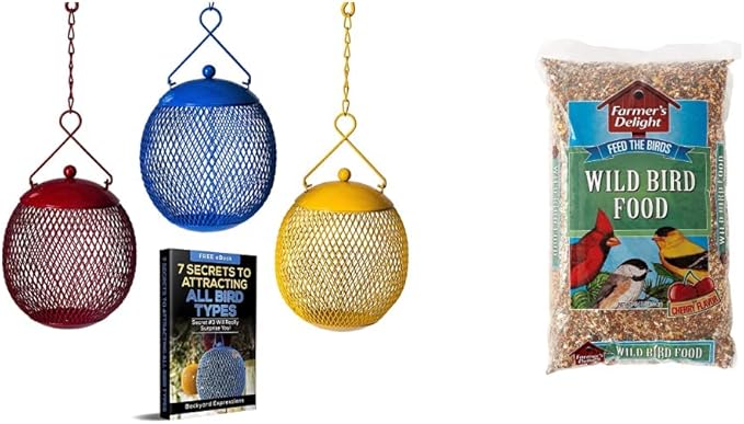 Backyard Expressions - Set of 3 Squirrel Proof Bird Feeders for Outside + Wagner's Farmer's Delight Wild Bird Food with Cherry Flavor