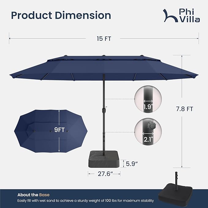 PHI VILLA 15ft Large Patio Umbrellas with Base Included, 2-Tier Outdoor Double-Sided Rectangle Market Umbrella with Stand, Outside Umbrellas for Poolside Lawn Backyard, Blue