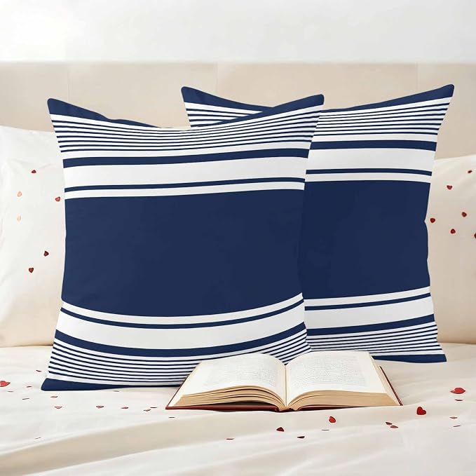 Outdoor Waterproof Throw Pillow Covers, Navy Blue Striped Decorative Pillow Cases, Modern Color Block Farmhouse Stripes Couch Pillow Protector Patio Sofa Cushion Covers Replacement 18"x18" 2 Pack