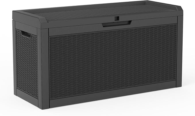 AmaVins Outdoor Storage Box, 60 Gallon Deck Box Indoor and Outdoor Use, Waterproof Resin Storage Bin for Package Delivery, Patio Cushions, Gardening Tools, Lockable, UV Resistant, Black