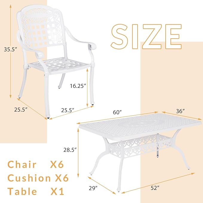 7-Piece Outdoor Patio Dining Set, 60” Rectangular Cast Aluminum Dining Table with Umbrella Hole and 6 Outdoor Dining Chairs, Patio Funiture Set for Backyard, Patio, Garden, White