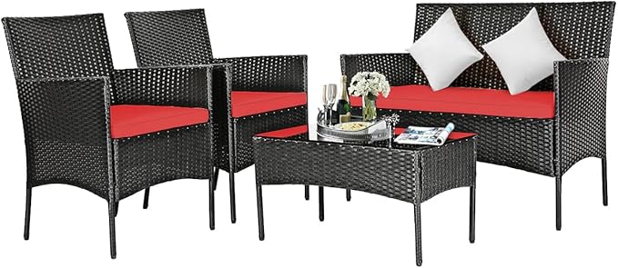 DORTALA 4 Pieces Patio Furniture Set, Rattan Conversation Set with Coffee Table & Cushions, Outdoor Wicker Sofa Set for Poolside, Backyard, Red
