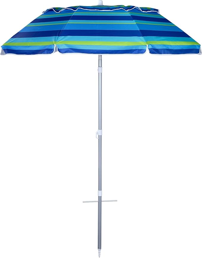 6.5ft Beach Umbrella with Tilt Pole, Portable Sand Anchor and Carry Bag, UPF 50+ Sun Shelter Air Vents, Perfect for Beach, Camping, Sports, Pool,Gardens and Balcony,CH-1503 Blue Multi Stripe