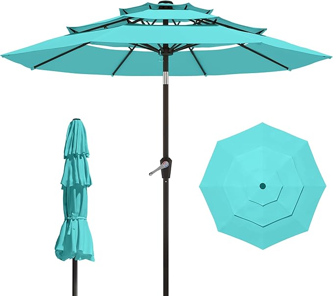 9FT 3 Tiers Patio Umbrella With Auto Tilt And Crank, Outdoor Table Market Umbrella with 8 Sturdy Ribs for Garden, Lawn, Deck, Backyard and Pool