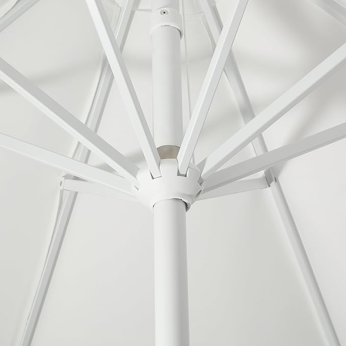 JONATHAN Y Baiona 9 ft. White/Navy Outdoor Patio Umbrella with Crank Lift and Tilt, 8 Ribs UV-Resistant Market Table Umbrella with Square Trim for Pool, Deck, Coastal, White Pole UMB1000A